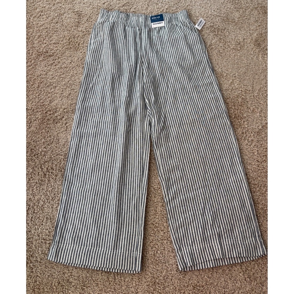 Old Navy Womens High Rise Wide Leg Linen Blend Striped Pants Blue White L NWT